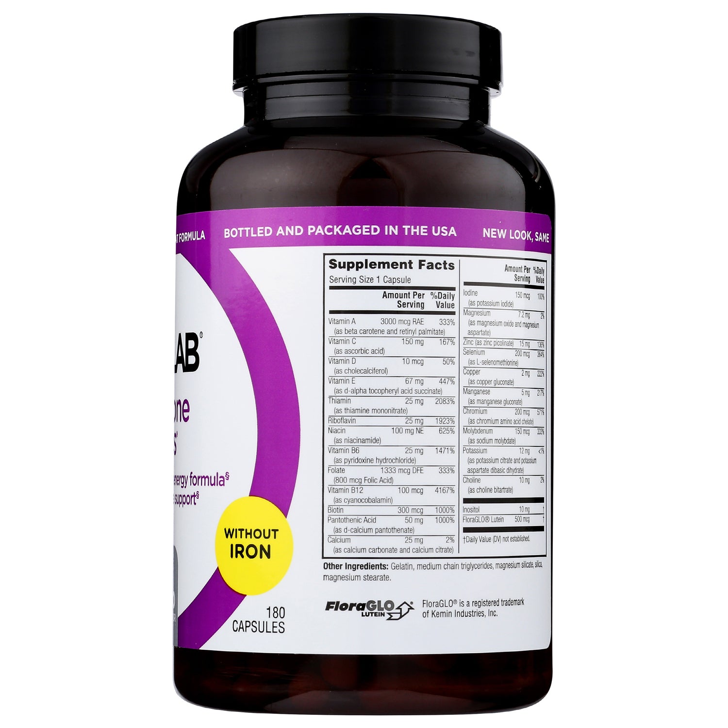 TL465 | Back of supplement bottle with Supplement Facts panel, WITHOUT IRON badge, 180 capsules