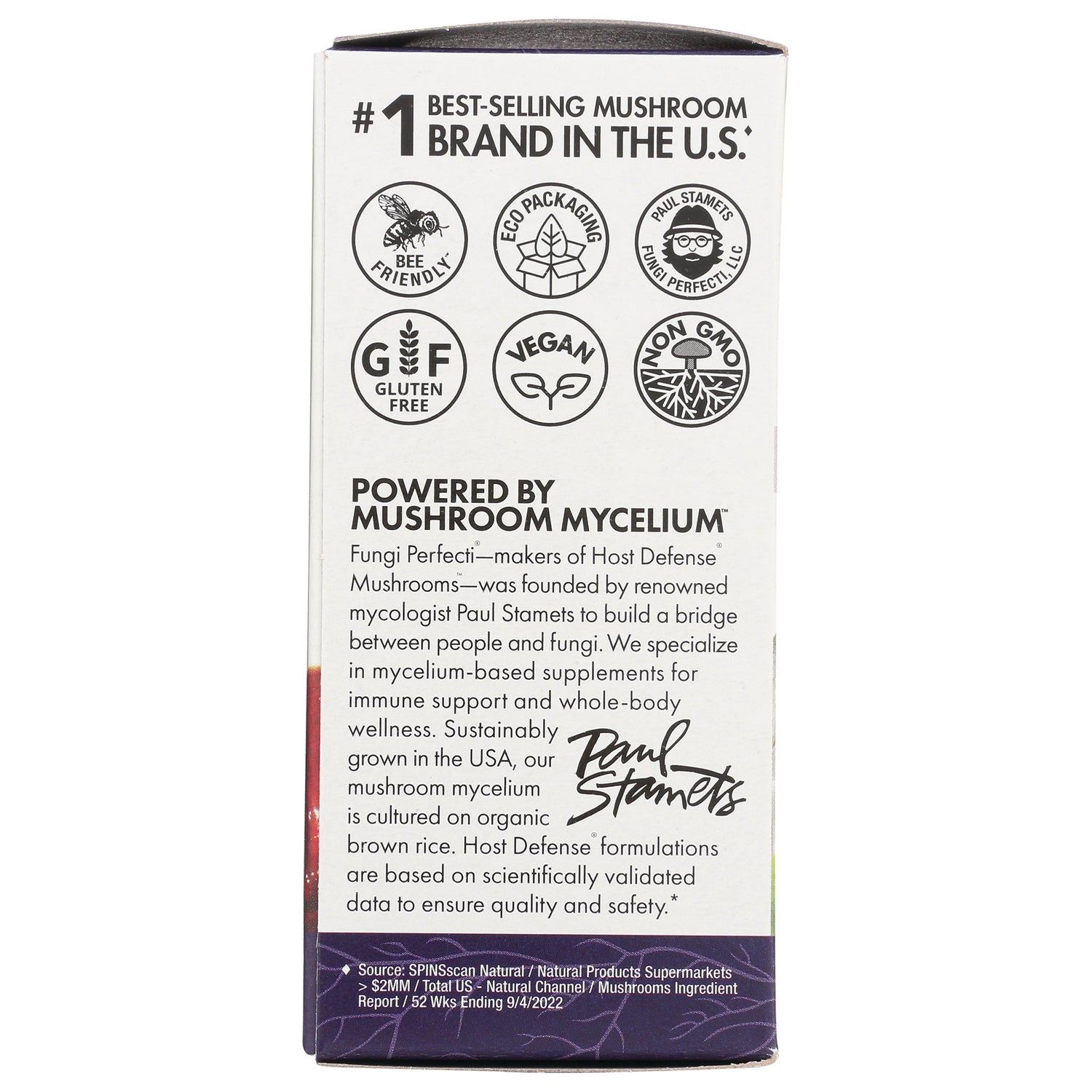 FUN024 | side panel with icons for bee friendly, eco packaging, gluten free, vegan, non-GMO and Powered by mushroom mycelium