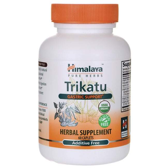 HHH045 | Front view of Himalaya Trikatu gastric support herbal supplement bottle, 60 caplets, USDA Organic, gluten free