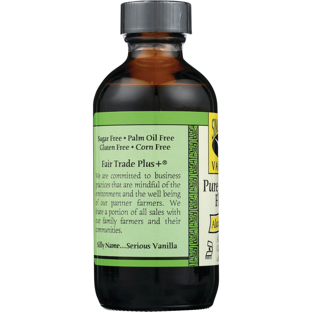 SDV005 | back label of vanilla extract bottle reading Fair Trade Plus+, Sugar Free, commitments and Silly Name...Serious Vanilla - Thumbnail