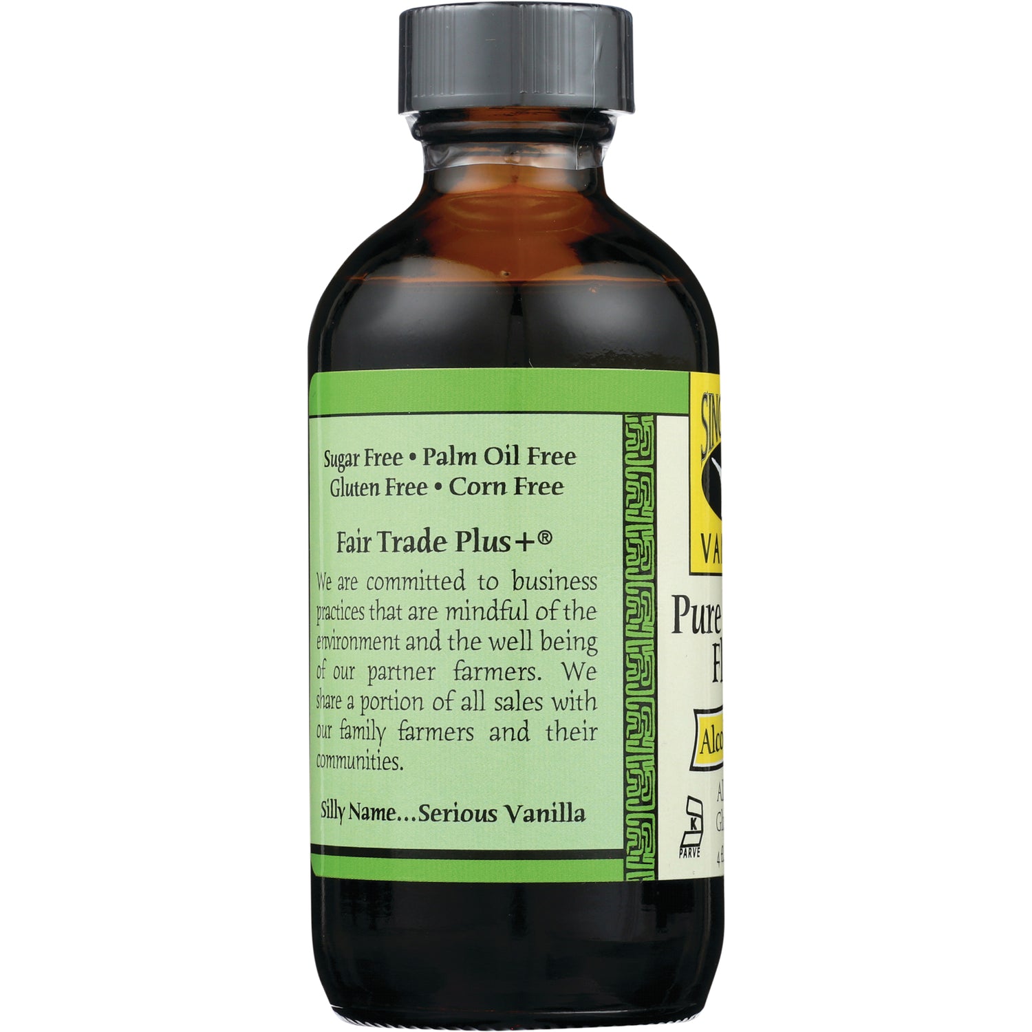 SDV005 | back label of vanilla extract bottle reading Fair Trade Plus+, Sugar Free, commitments and Silly Name...Serious Vanilla