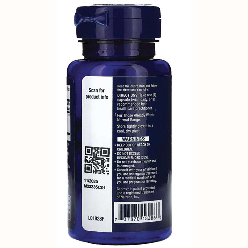 LE271 | Back of blue supplement bottle showing warnings panel, QR code, barcode, and expiration 11/2025 - Thumbnail