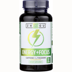 ZOU034 | Zhou Energy + Focus supplement bottle front, Caffeine + L-Theanine, 60 veggie capsules