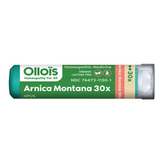 OLH015 | Ollos Arnica Montana 30x homeopathic pellet tube with green label reading Organic Lactose-Free