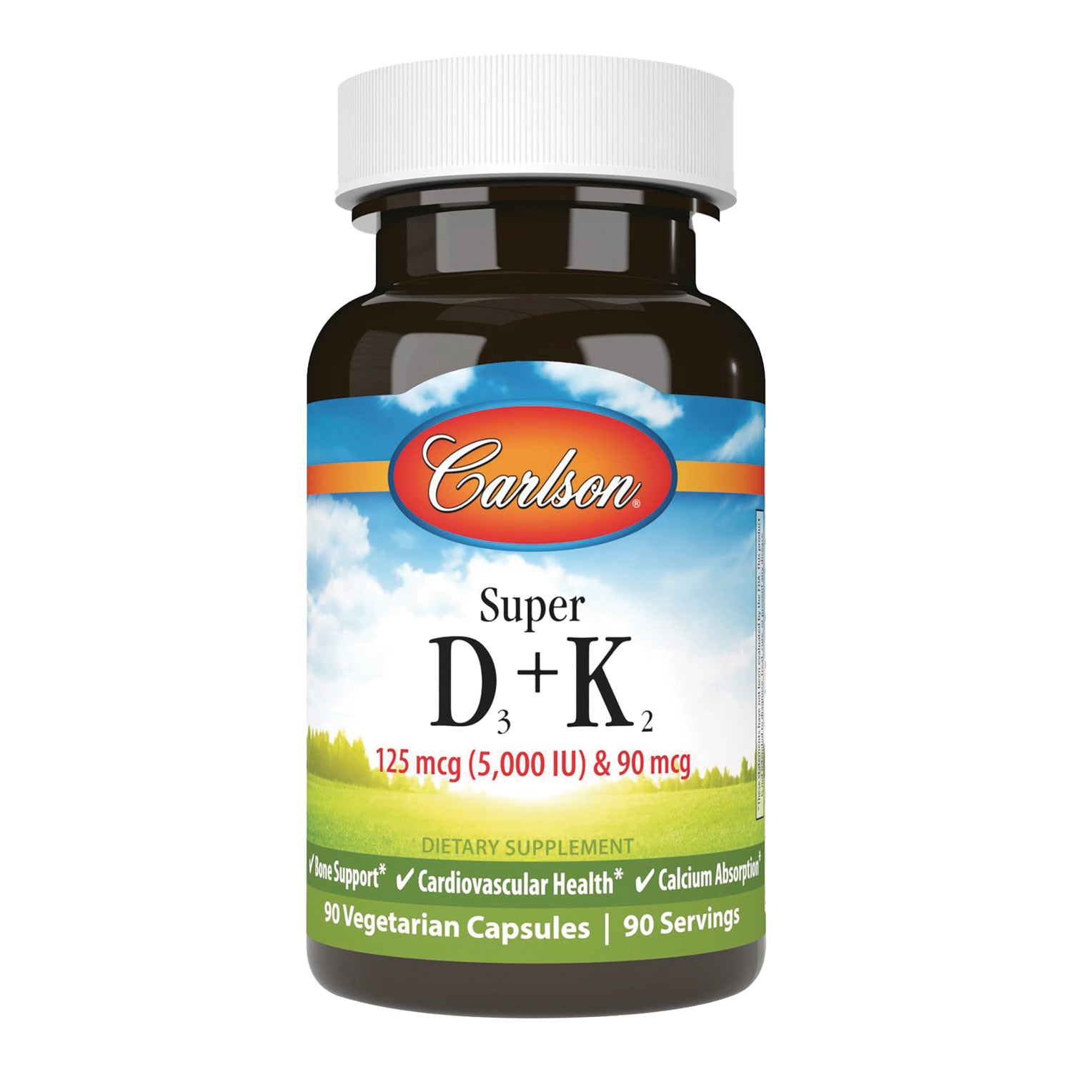 CSN330 | Carlson Super D3 + K2 dietary supplement bottle, label shows 125 mcg (5,000 IU) & 90 mcg, 90 vegetarian capsules
