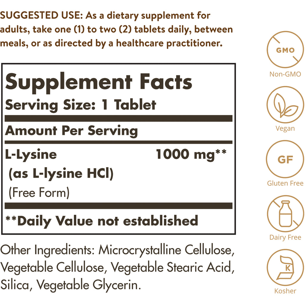 SLG232 | Supplement facts back panel showing Serving Size 1 Tablet, L-Lysine 1000 mg and icons for Non-GMO, Vegan, Gluten Free, Dairy Free, Kosher - Thumbnail