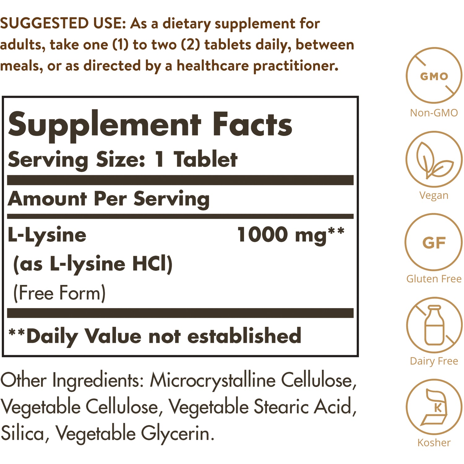 SLG232 | Supplement facts back panel showing Serving Size 1 Tablet, L-Lysine 1000 mg and icons for Non-GMO, Vegan, Gluten Free, Dairy Free, Kosher