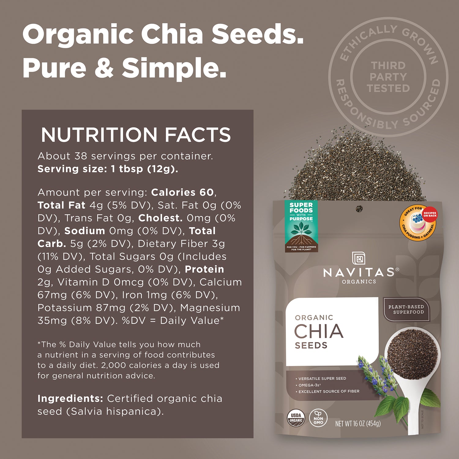NAV003 | Product infographic showing nutrition facts panel and Navitas Organics bag of Organic Chia Seeds
