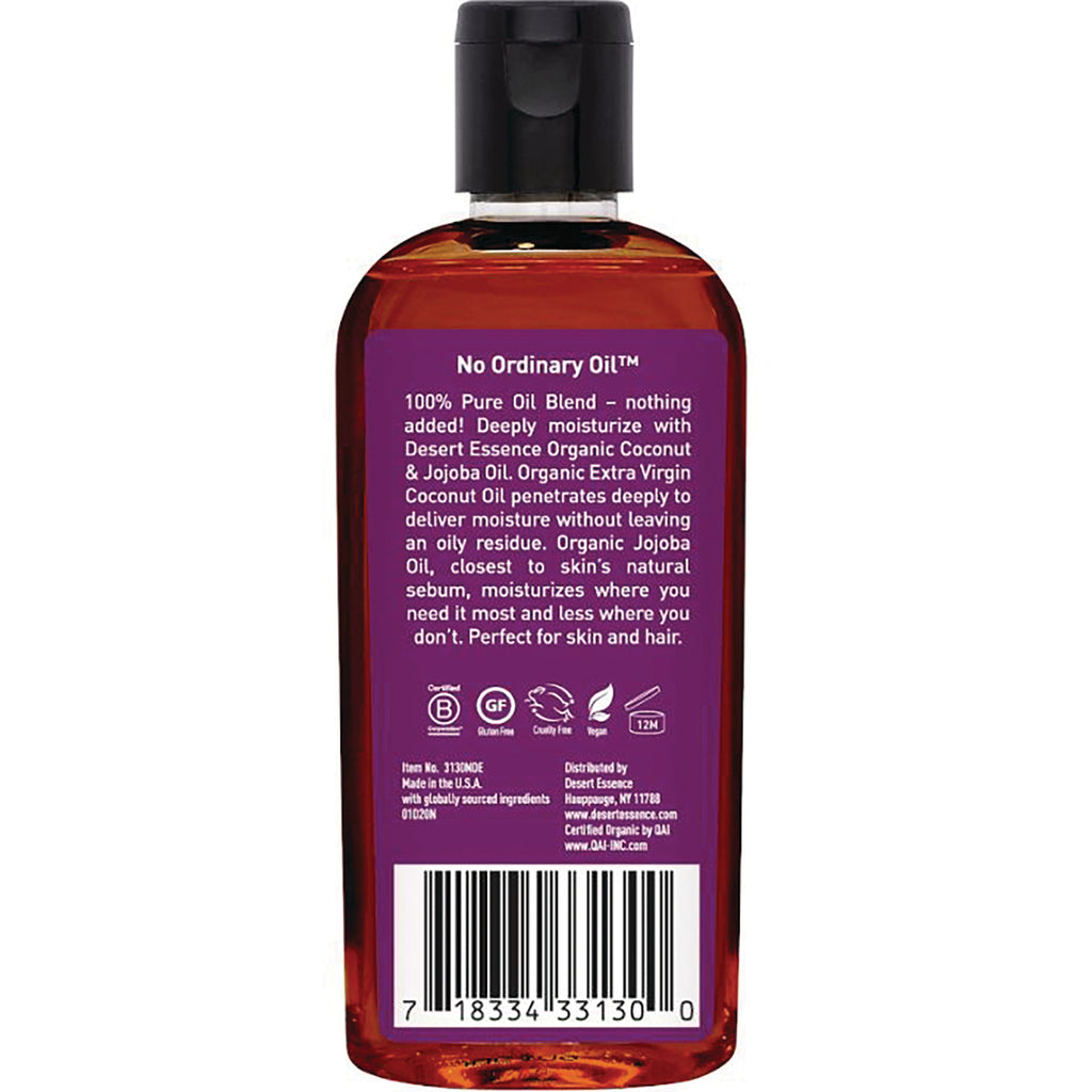 Back label of amber oil bottle with purple panel reading No Ordinary Oil, ingredient text, icons and barcode - Thumbnail