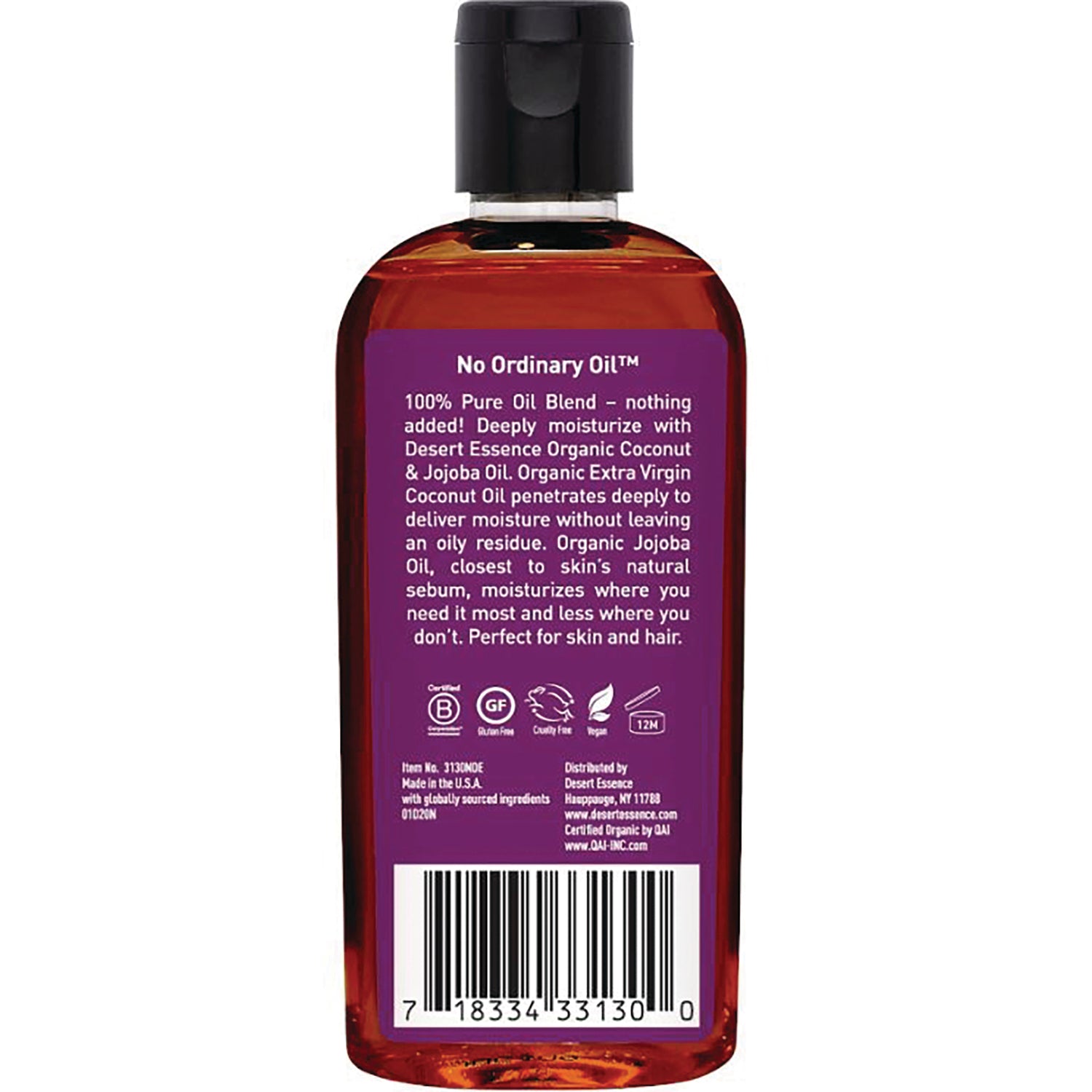 Back label of amber oil bottle with purple panel reading No Ordinary Oil, ingredient text, icons and barcode