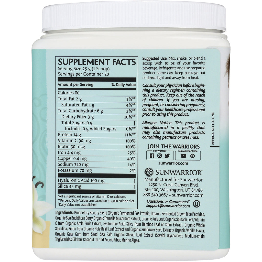 SNW031 | Sunwarrior jar back label with Supplement Facts, suggested use, allergen notice, and ingredients - Thumbnail
