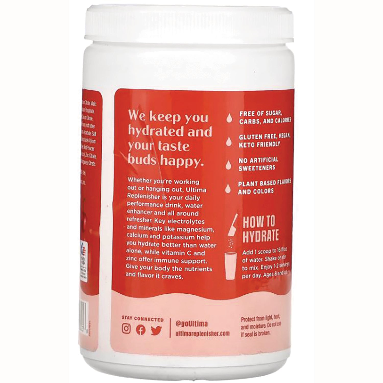 UHP023 | Ultima Replenisher jar panel with benefits: sugar-free, gluten free, vegan, no artificial sweeteners; How to Hydrate