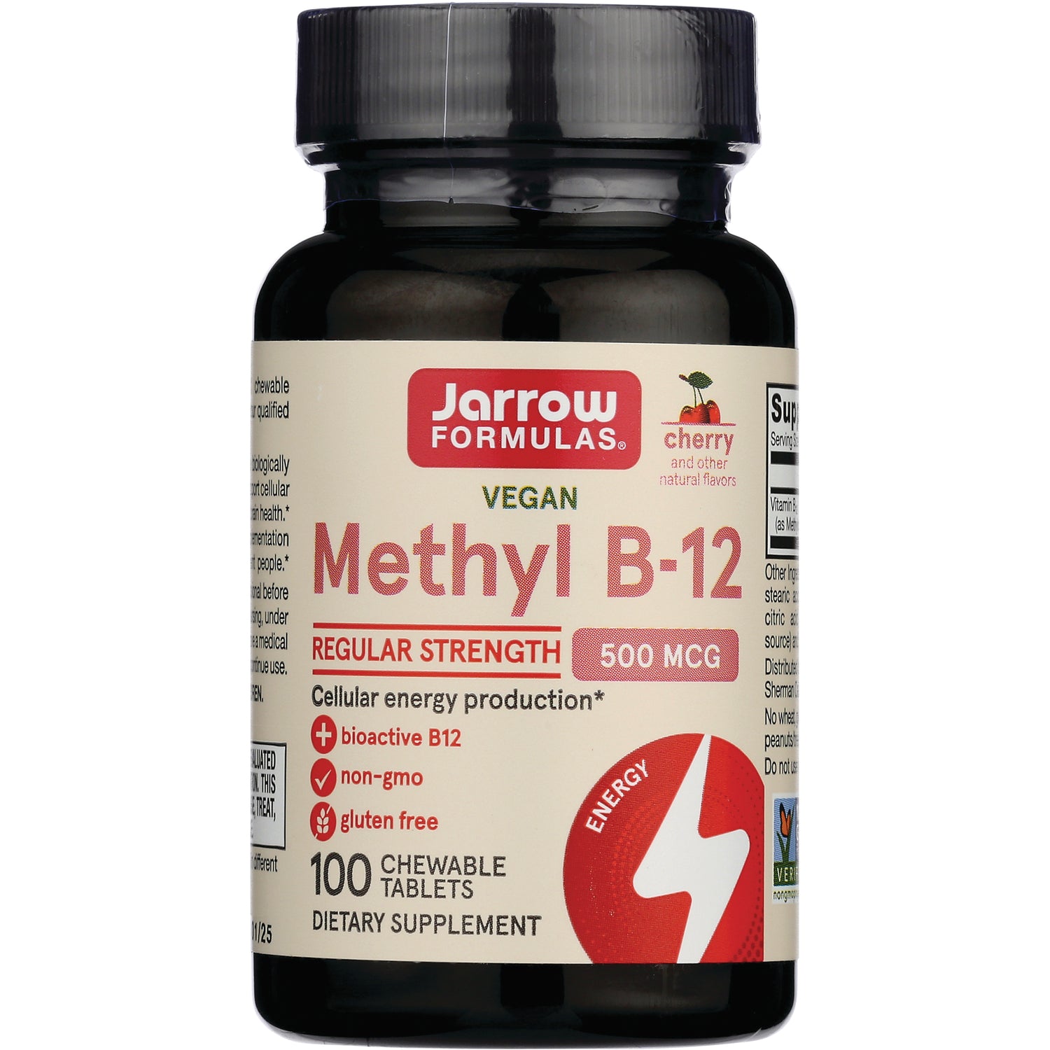 JR239 | Jarrow Formulas vegan Methyl B-12 bottle, regular strength 500 mcg, 100 chewable tablets