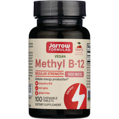 JR239 | Jarrow Formulas vegan Methyl B-12 bottle, regular strength 500 mcg, 100 chewable tablets