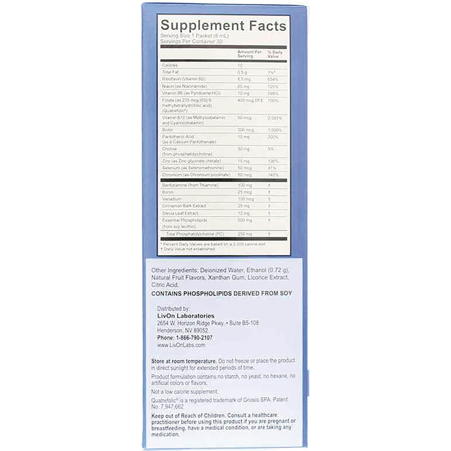 LVL005 | back label showing Supplement Facts panel, ingredient list, and distributor information