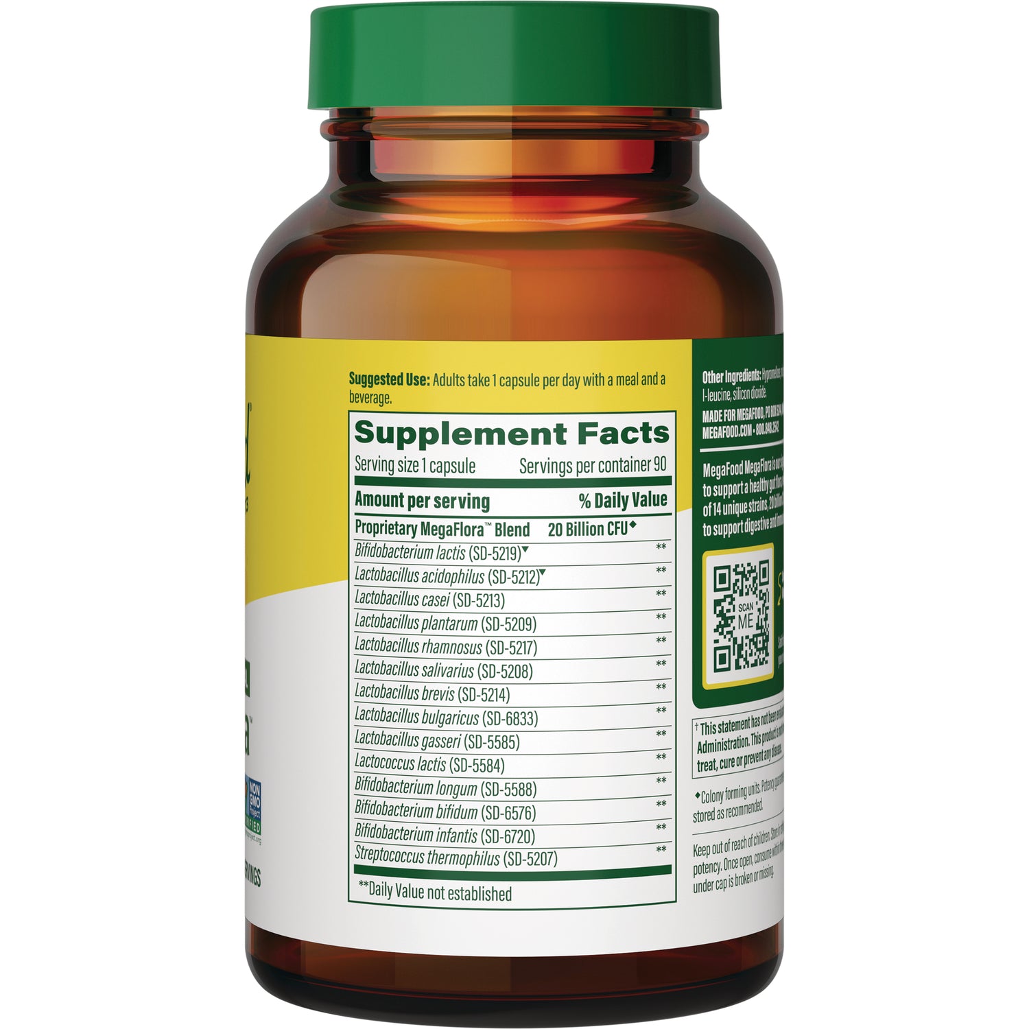 MGF004 | Back label showing Supplement Facts panel listing probiotic strains, serving size 1 capsule, 20 Billion CFU and QR code