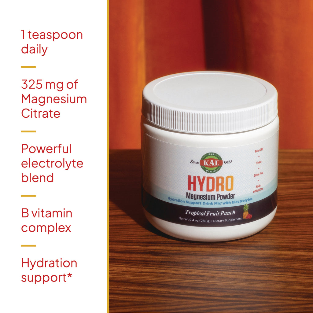 KL589 | KAL Hydro Magnesium Powder tropical fruit punch jar with left panel listing 1 teaspoon daily and 325 mg magnesium citrate - Thumbnail