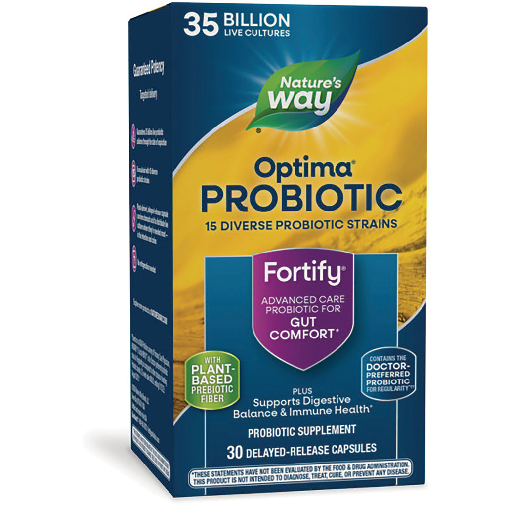 NW642 | Nature's Way Optima Probiotic Fortify box front showing 35 billion, 15 diverse strains, 30 delayed-release capsules - Thumbnail
