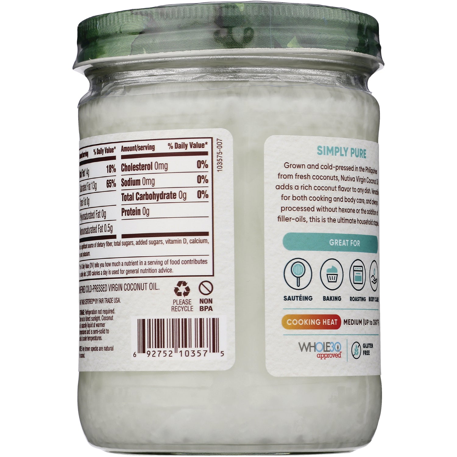NTV043 | Back label of glass jar showing SIMPLY PURE heading, nutrition facts, barcode and usage icons