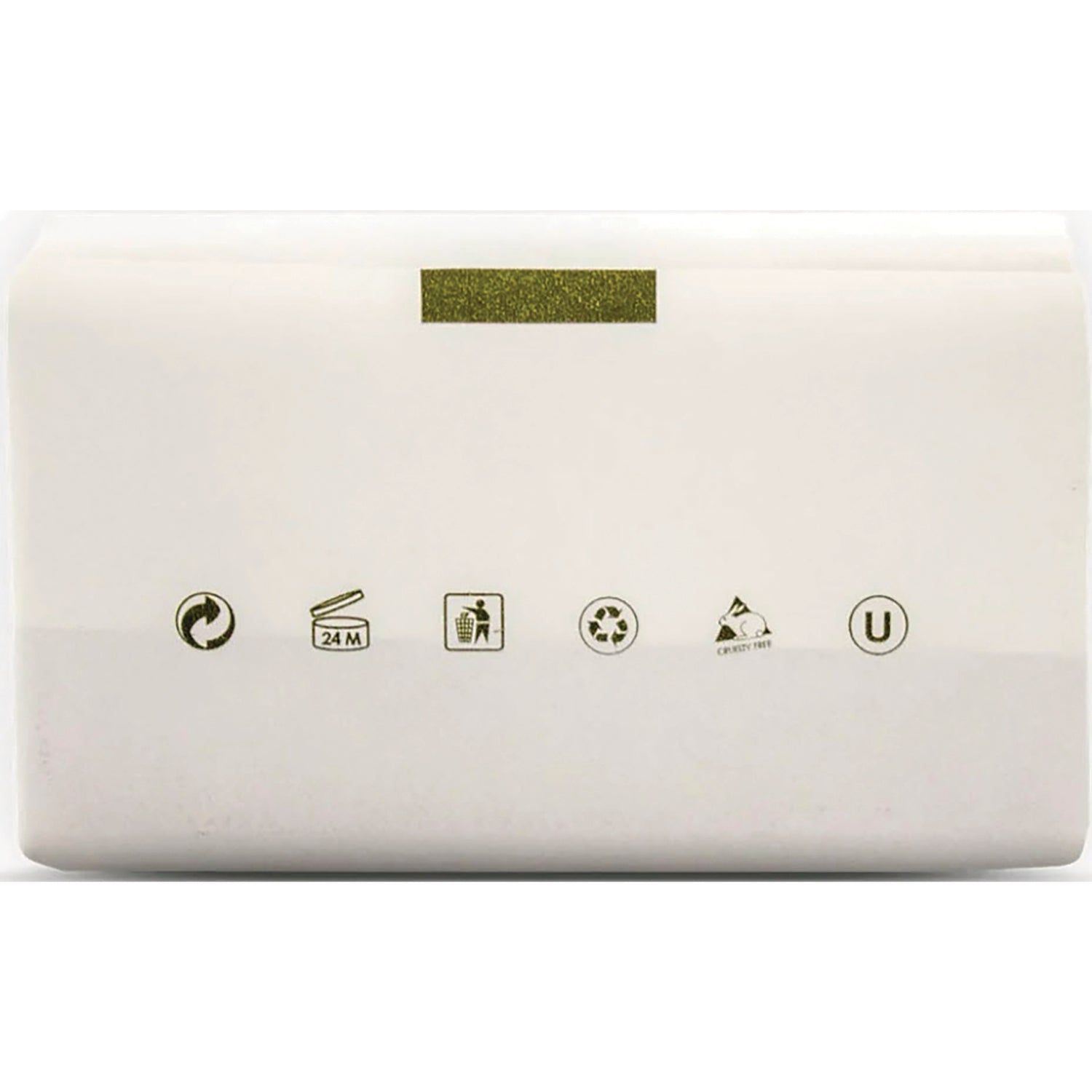 OLV008 | product infographic showing recycling, 24M, disposal, cruelty-free and kosher symbols on white package with gold tab