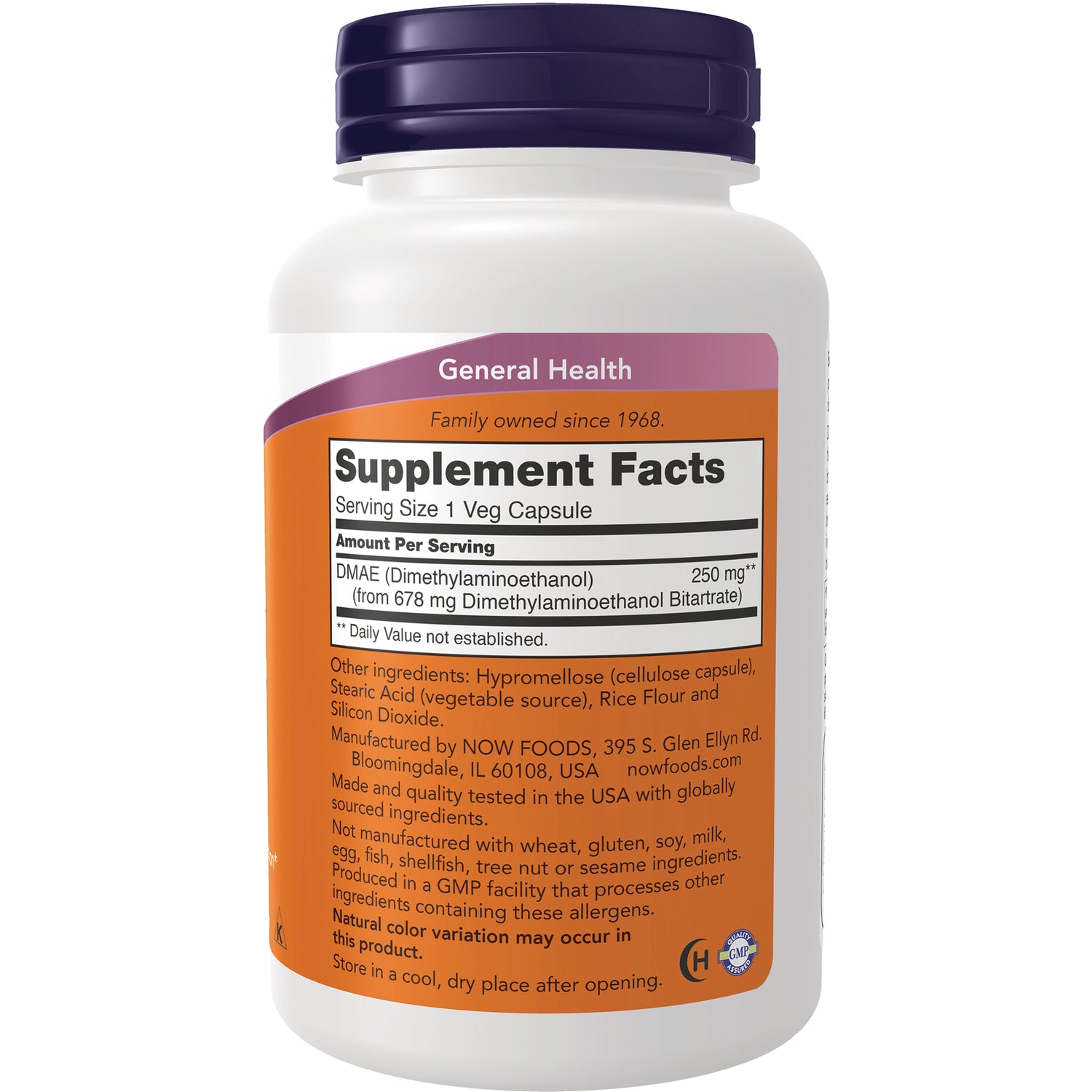 NWF741 | Back of white supplement bottle with orange label showing Supplement Facts and DMAE 250 mg