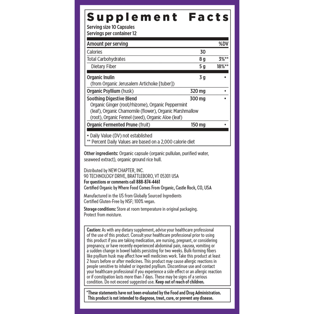NWC399 | Supplement Facts panel for a digestive fiber supplement with organic inulin, psyllium, and fermented prune - Thumbnail