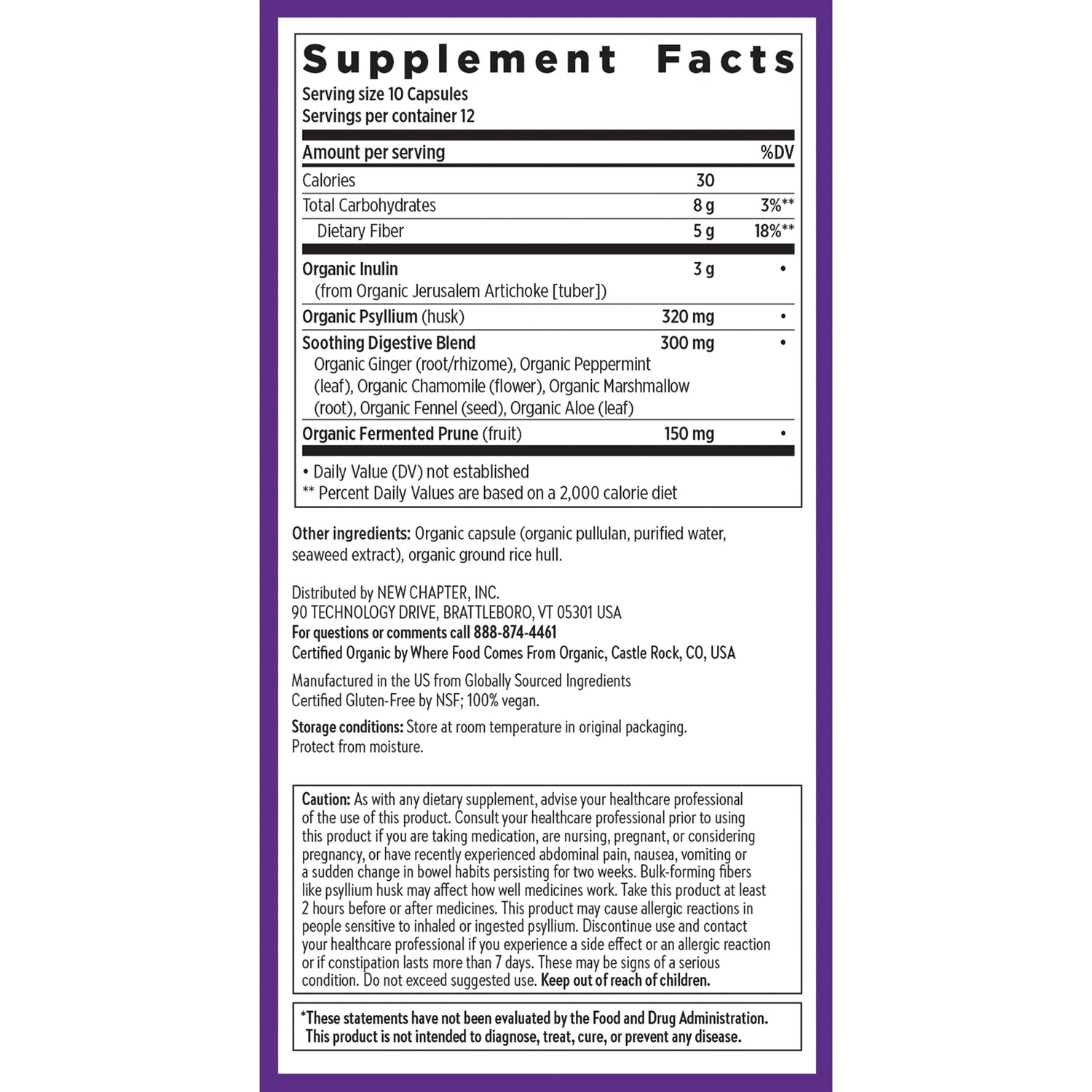 NWC399 | Supplement Facts panel for a digestive fiber supplement with organic inulin, psyllium, and fermented prune
