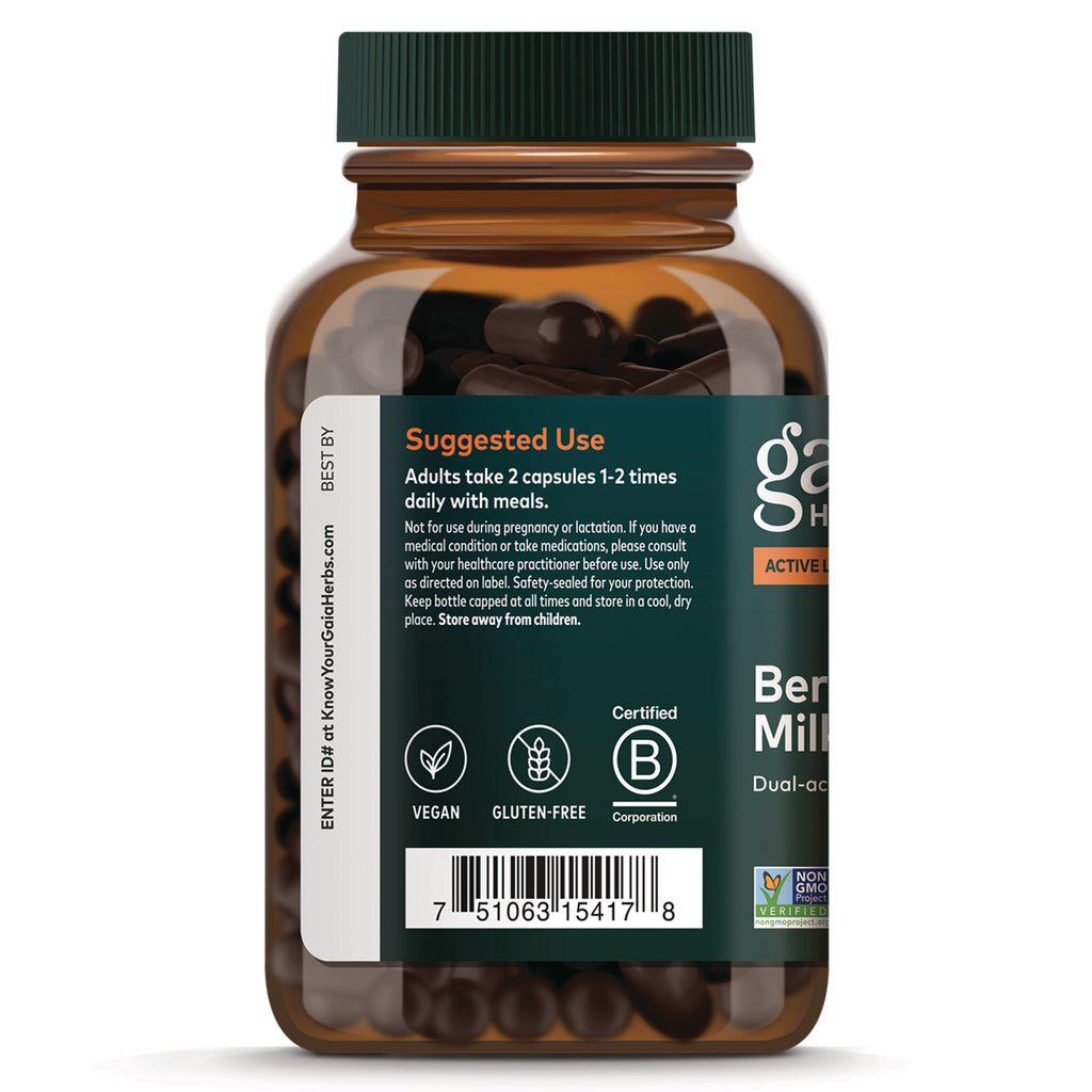 GH176 | Back label of brown supplement bottle showing suggested use text, vegan and gluten-free icons, B Corp seal and barcode - Thumbnail