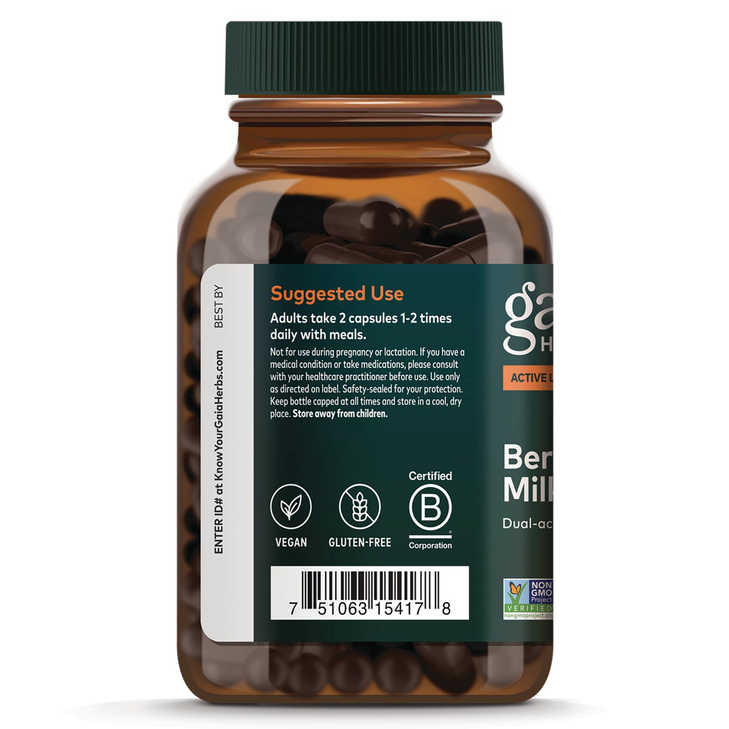 GH176 | Back label of brown supplement bottle showing suggested use text, vegan and gluten-free icons, B Corp seal and barcode
