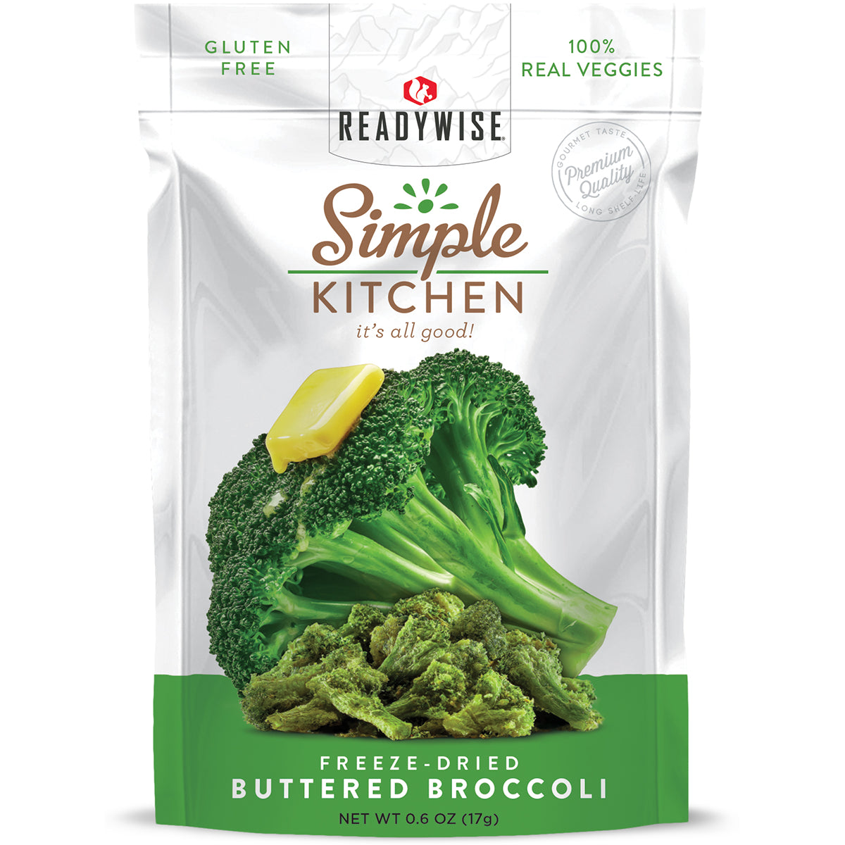 SKN011 | Simple Kitchen freeze-dried buttered broccoli pouch front with broccoli and butter pat