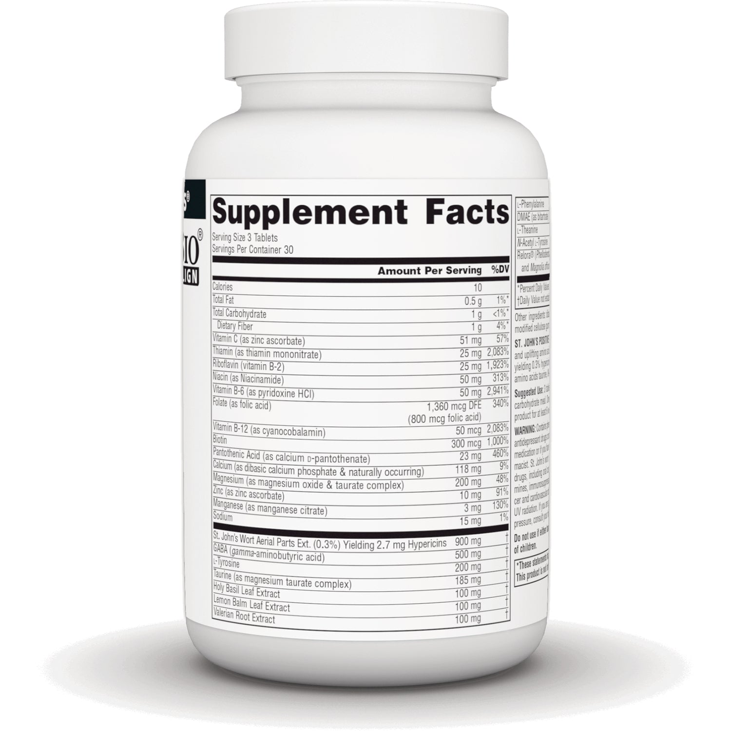 SN175 | Supplement Facts panel on white supplement bottle showing nutrition and ingredient details