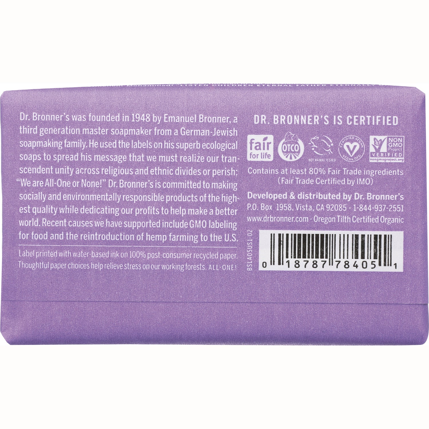 DRB003 | Back of purple soap wrapper showing product text, certification icons, and barcode