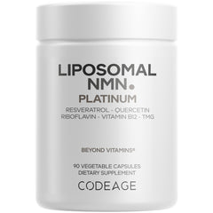 CDG040 | White Codeage NMN Platinum liposomal supplement jar labeled RESVERATROL - QUERCETIN, 90 capsules