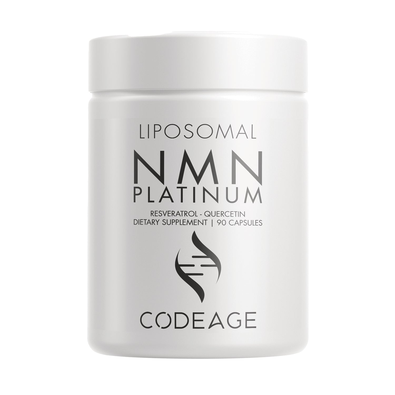 CDG040 | White Codeage NMN Platinum liposomal supplement jar labeled RESVERATROL - QUERCETIN, 90 capsules