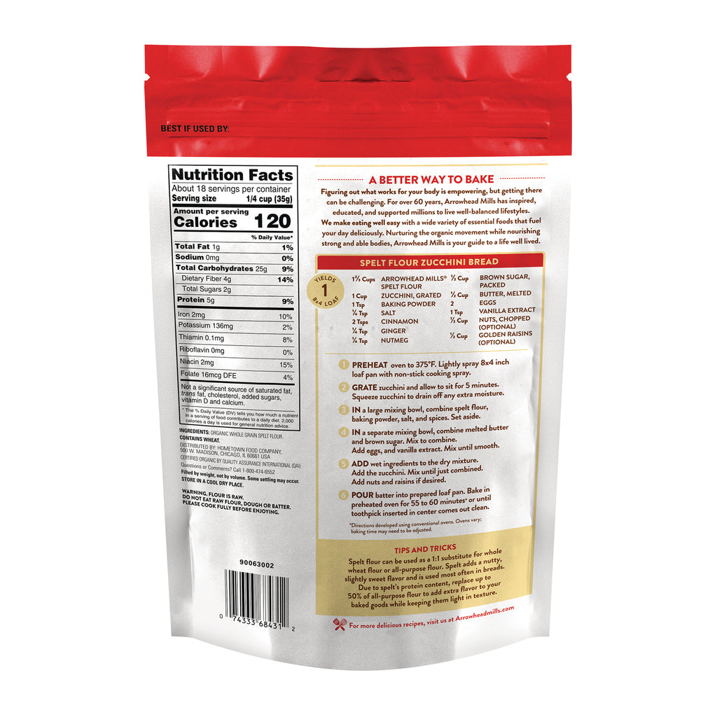 AHM061 | Back of Arrowhead Mills spelt flour bag with Nutrition Facts and Spelt Flour Zucchini Bread recipe - Thumbnail