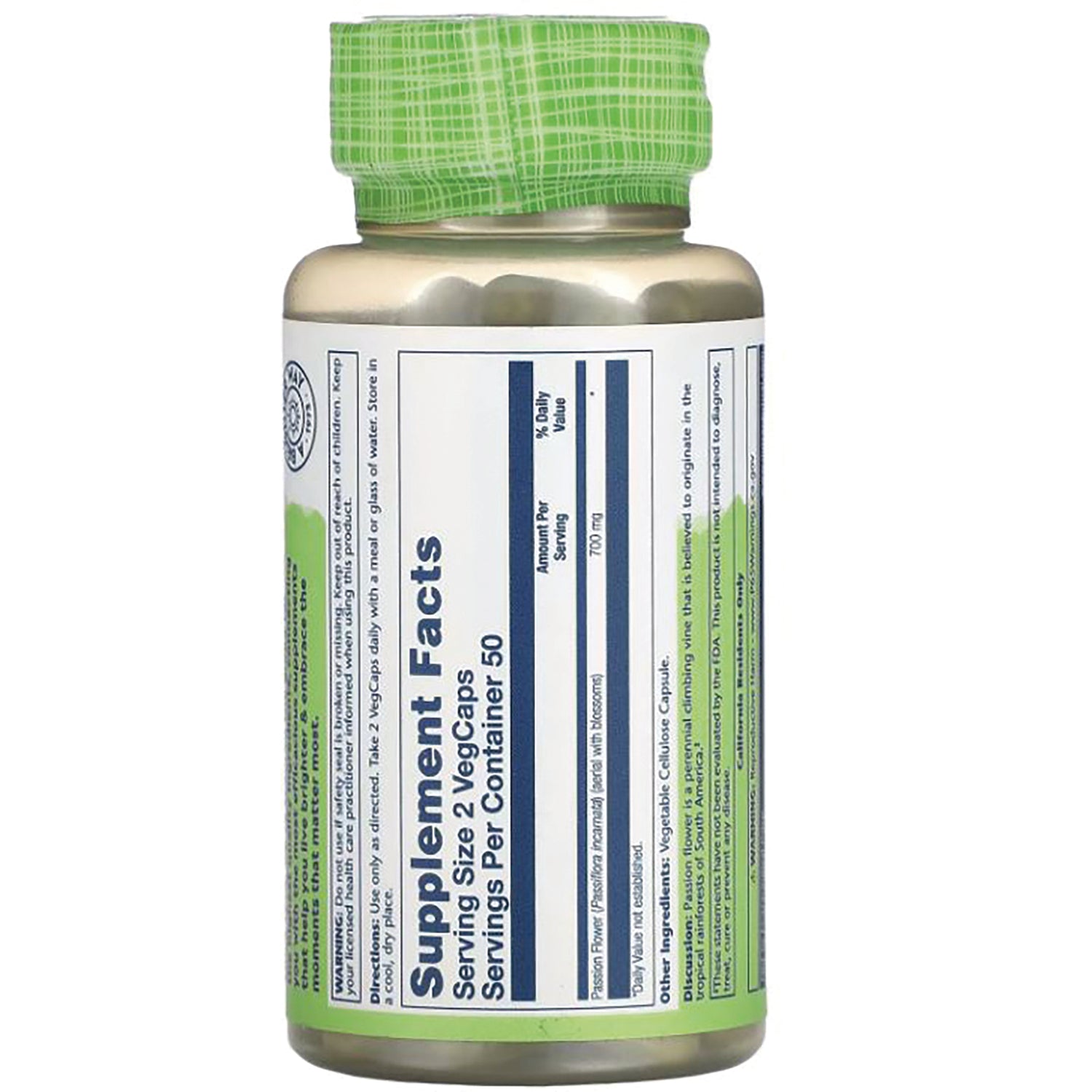 SLR218 | Back of supplement bottle showing Supplement Facts label and green cap