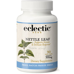 EC001 | Eclectic Herb Nettle Leaf dietary supplement bottle labeled 90 veg caps 300mg with botanical leaf illustration