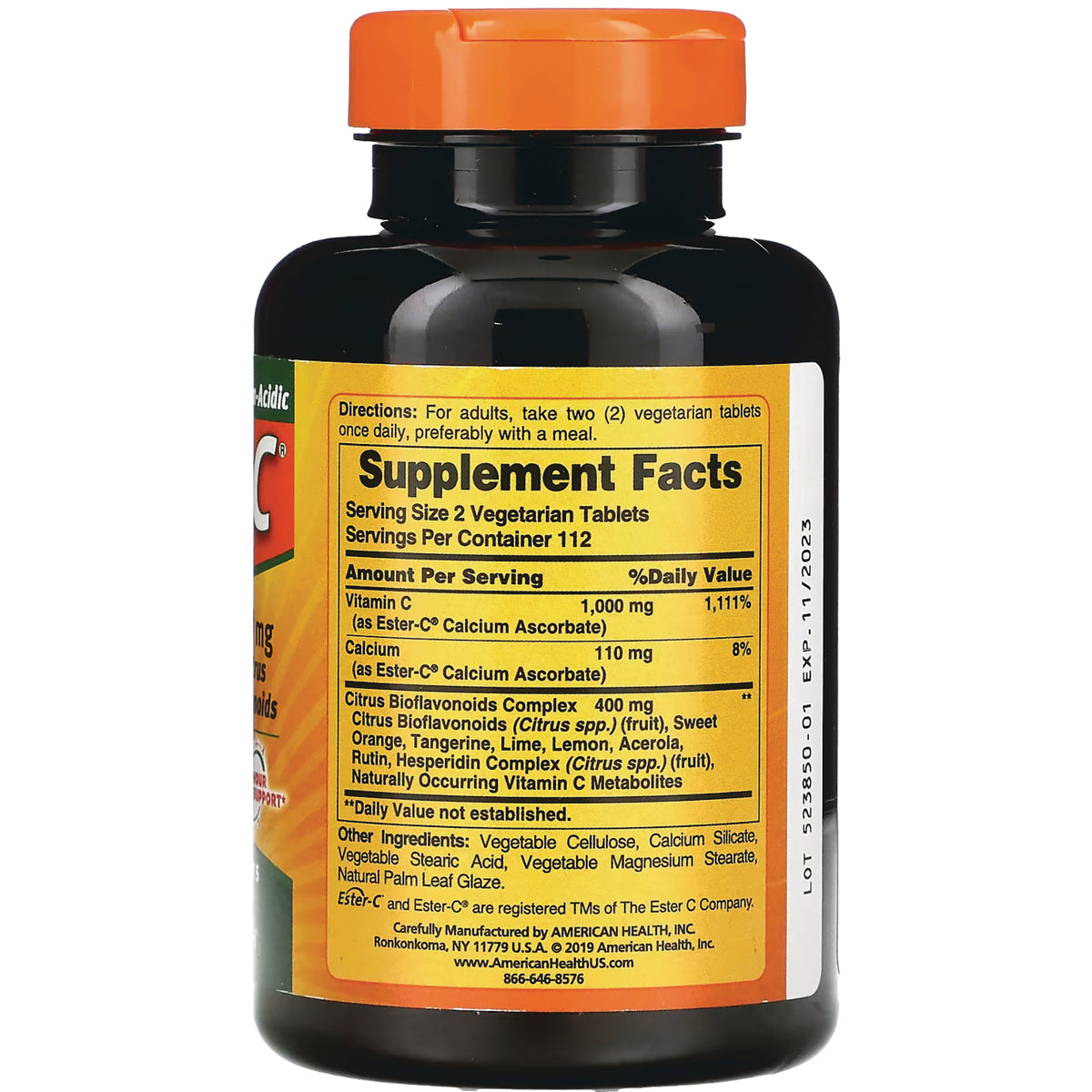 AM119 | Bottle back showing Supplement Facts panel, serving size 2 vegetarian tablets, directions and EXP 11/2023