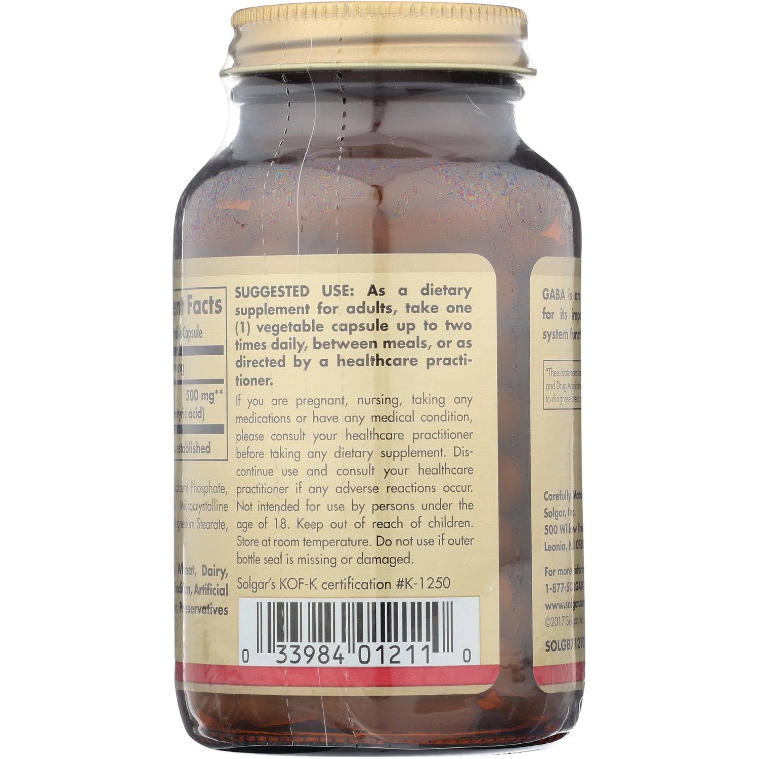 SLG351 | Back label showing suggested use text, warnings and barcode on amber supplement bottle