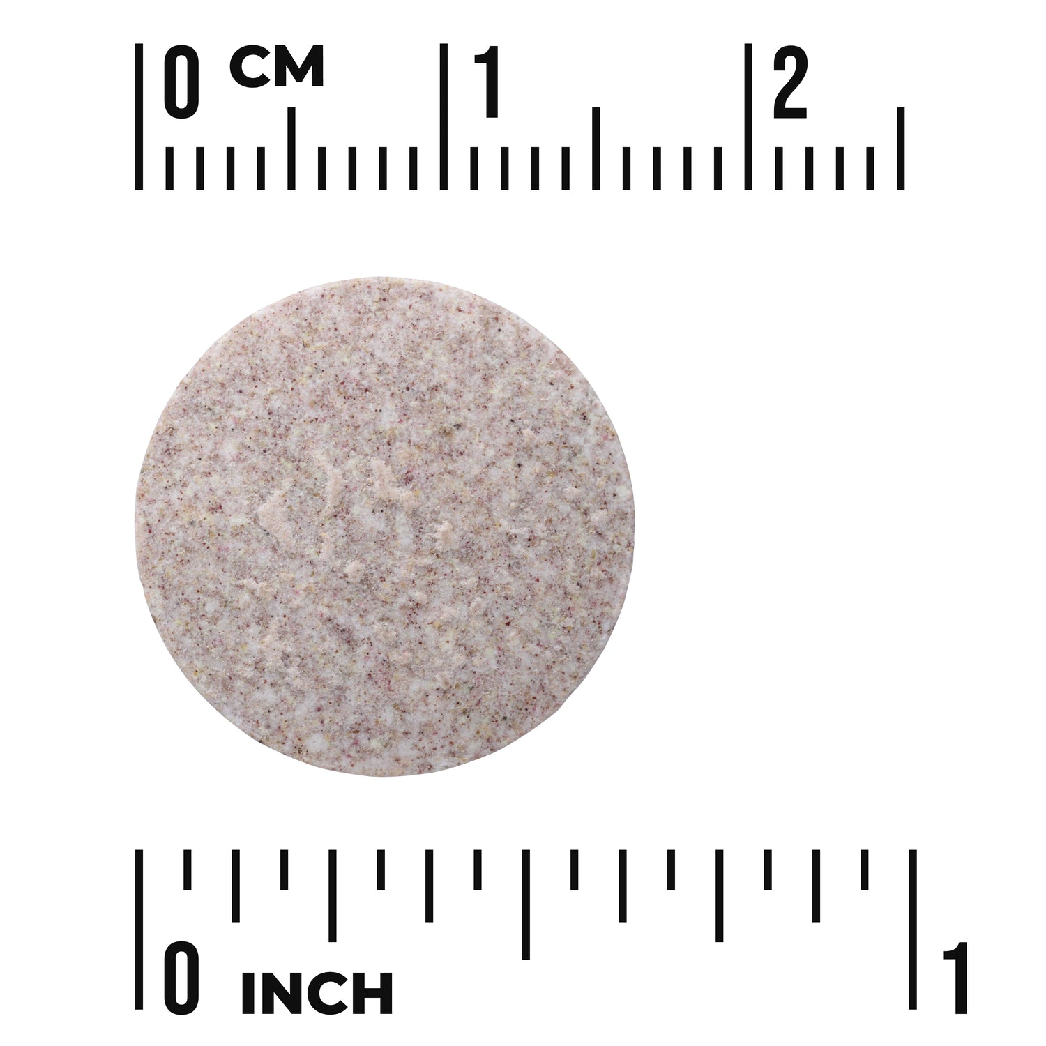 SW1791 | Round speckled tablet shown with size scale in inches and centimeters