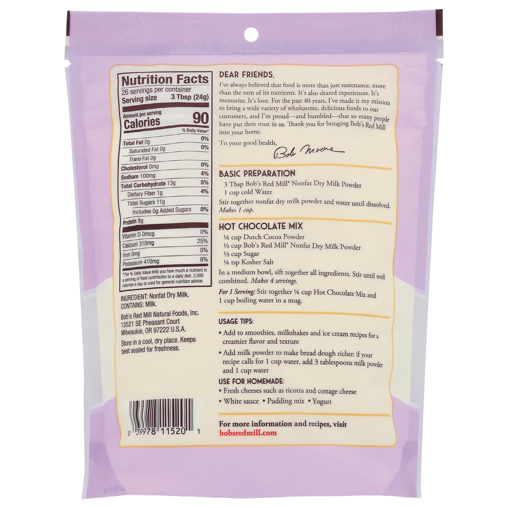 BOB418 | Back of pink product pouch showing nutrition facts, preparation instructions, usage tips and barcode - Thumbnail