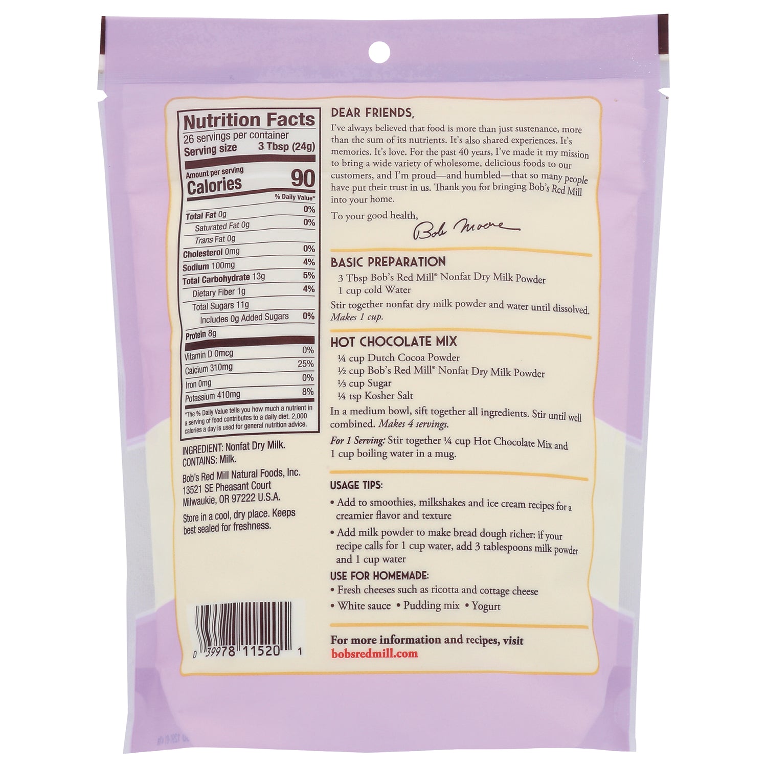 BOB418 | Back of pink product pouch showing nutrition facts, preparation instructions, usage tips and barcode