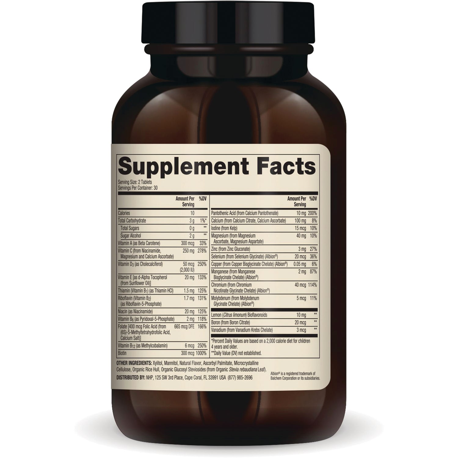 MRC044 | Back of brown supplement bottle showing large Supplement Facts label with nutrition and ingredient table