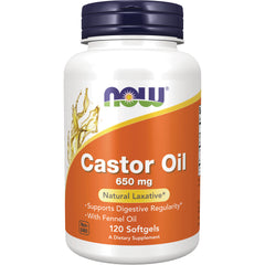 NWF1010 | NOW Castor Oil 650 mg white bottle with orange label showing 120 softgels