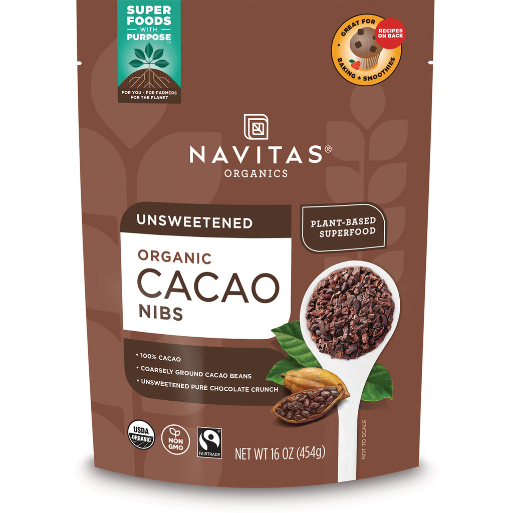 NAV004 | Navitas Organics unsweetened organic cacao nibs pouch showing spoonful of cacao nibs and cacao pod - Thumbnail