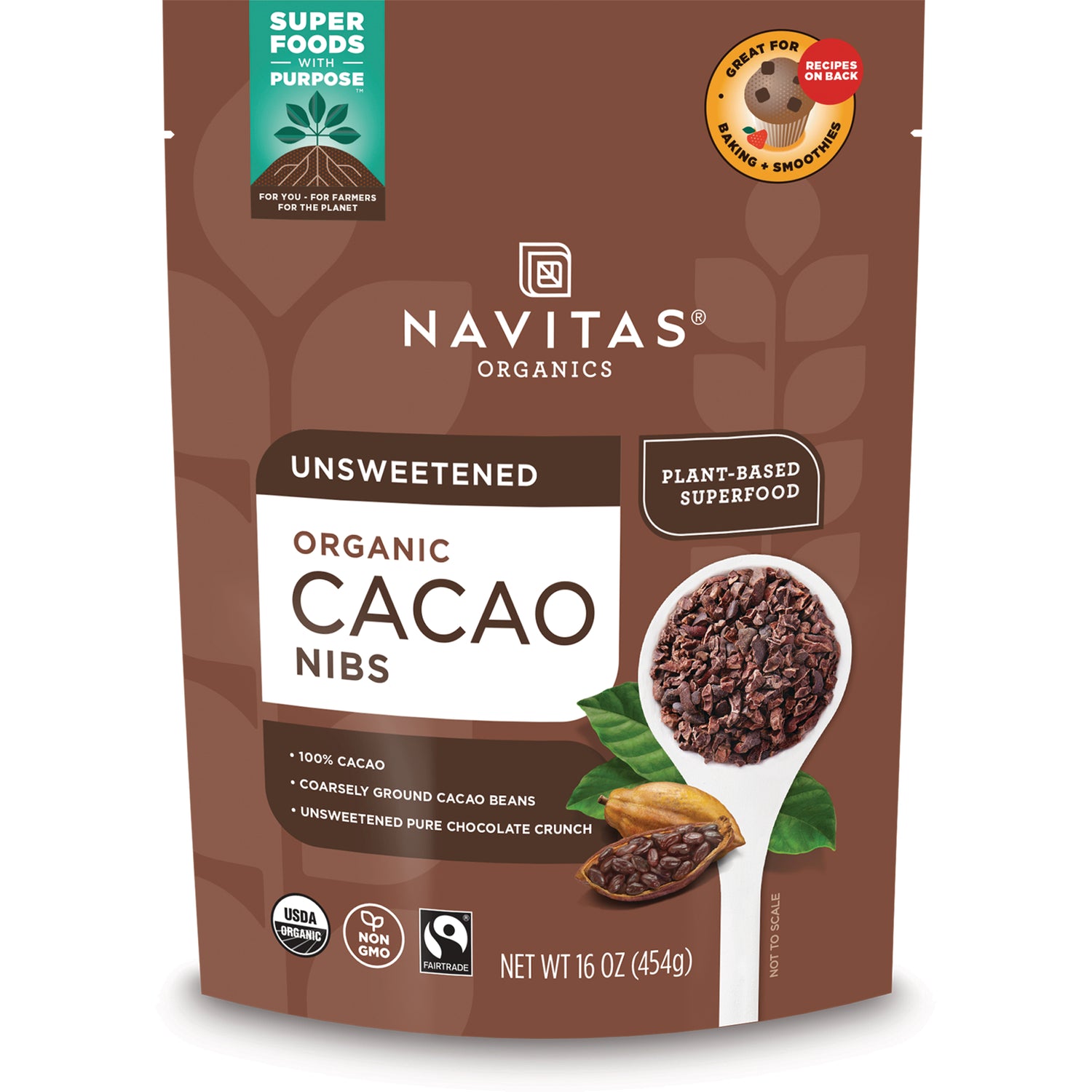 NAV004 | Navitas Organics unsweetened organic cacao nibs pouch showing spoonful of cacao nibs and cacao pod