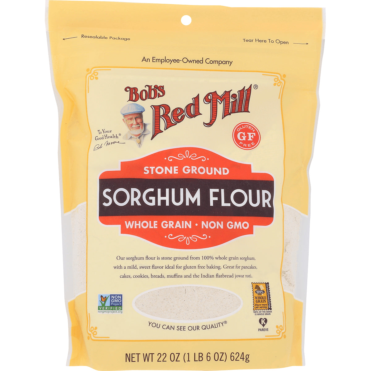 BOB428 | Bob's Red Mill stone ground sorghum flour pouch labeled whole grain non GMO