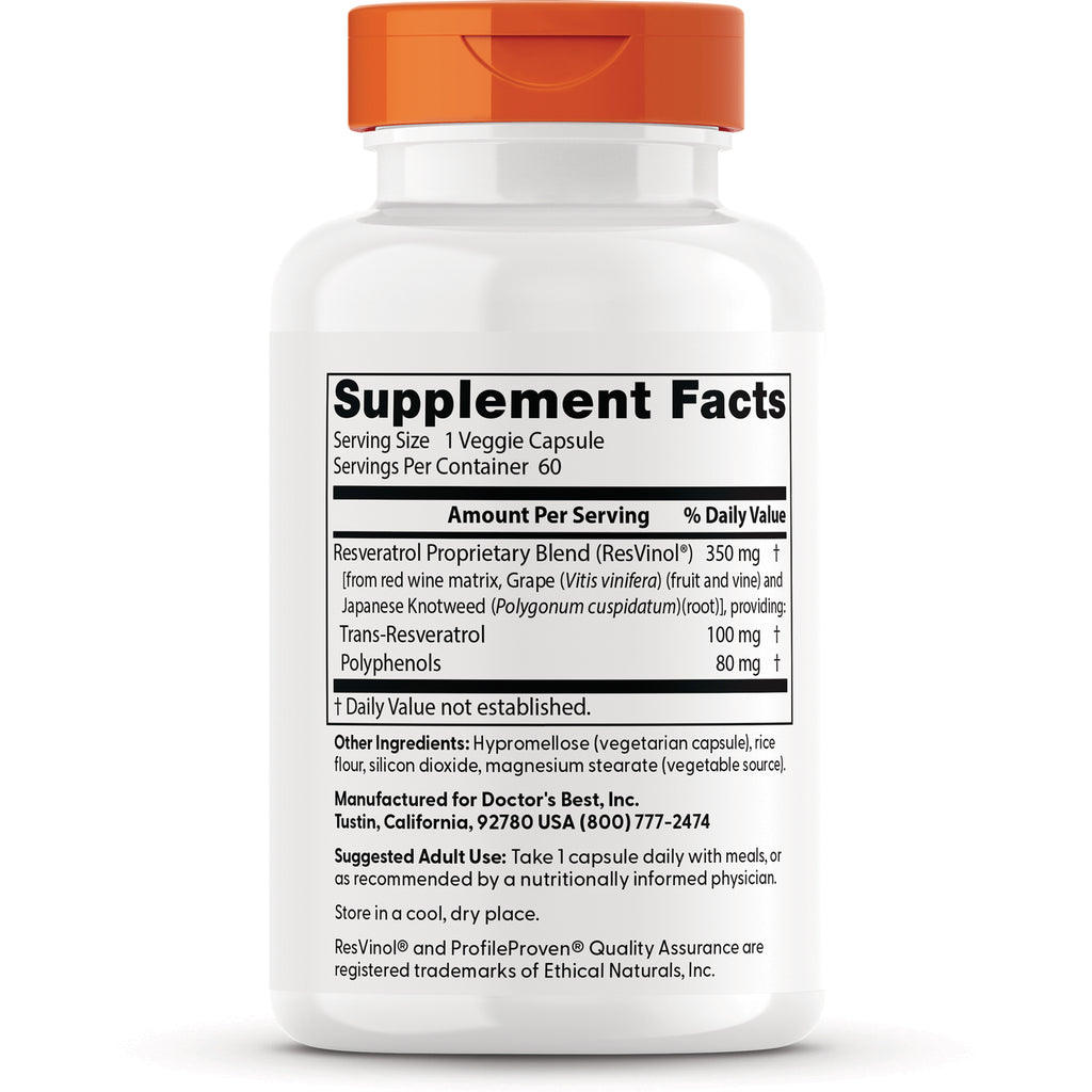 Supplement Facts label for resveratrol capsules showing serving size 1 veggie capsule, amount per serving, ingredients and suggested use - Thumbnail