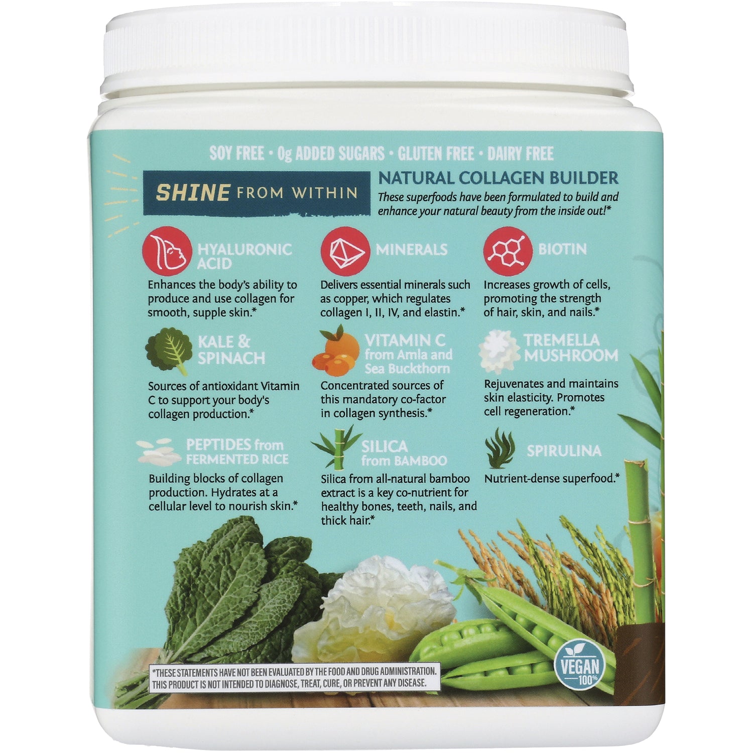 SNW032 | Back label with Natural Collagen Builder benefits: hyaluronic acid, minerals, biotin, vitamin C, and more