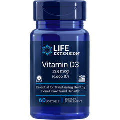 LE200 | Life Extension Vitamin D3 125 mcg (5,000 IU) 60 softgels front bottle